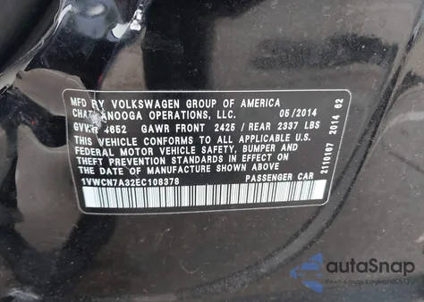 2014 Volkswagen Passat 2.0L Tdi Sel Premium z USA, uszkodzony, nr VIN 1VWCN7A32EC108378